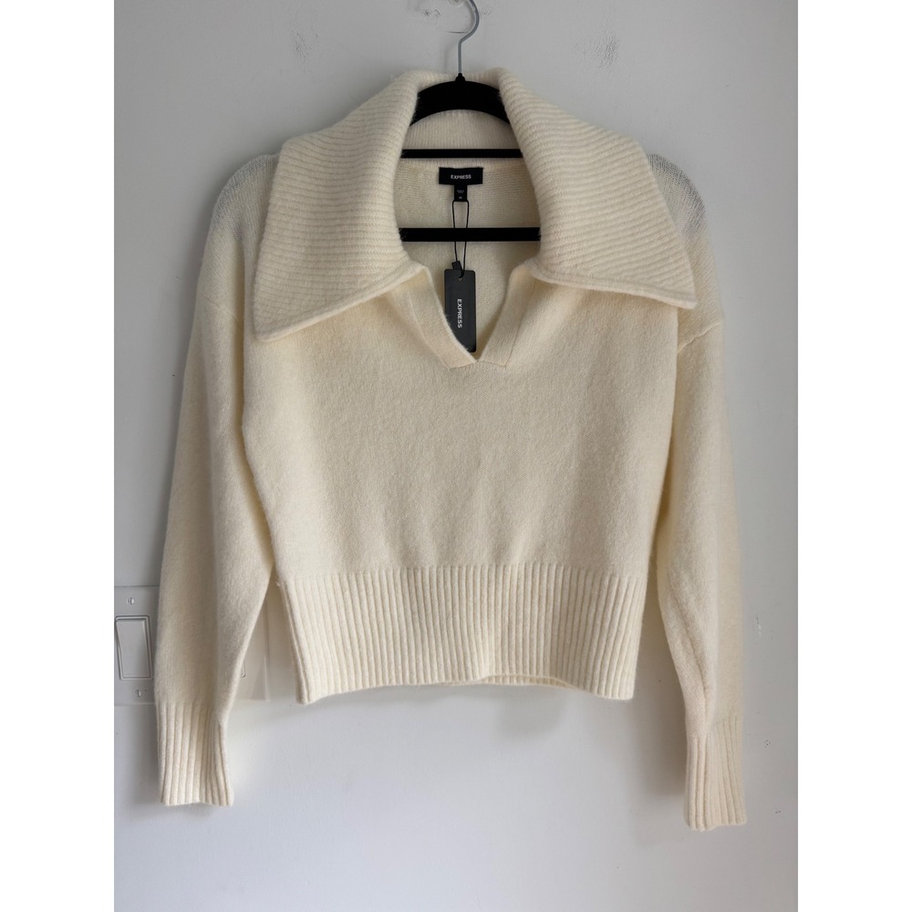 Express Womens Cream Oversized Collar V-Neck Cropped Sweater XS NEW
